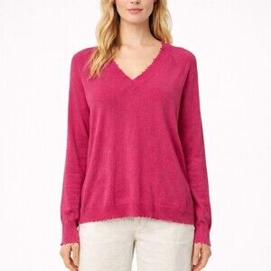 Minnie Rose Womens V-Neck Sweater Size Medium Pink Cotton Cashmere Frayed Edge